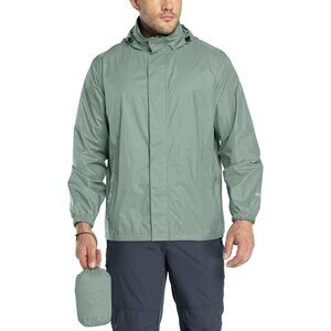 Men's Ice Green Nylon Rain Shell Hood Full Zip Packable Windbreaker Jacket
